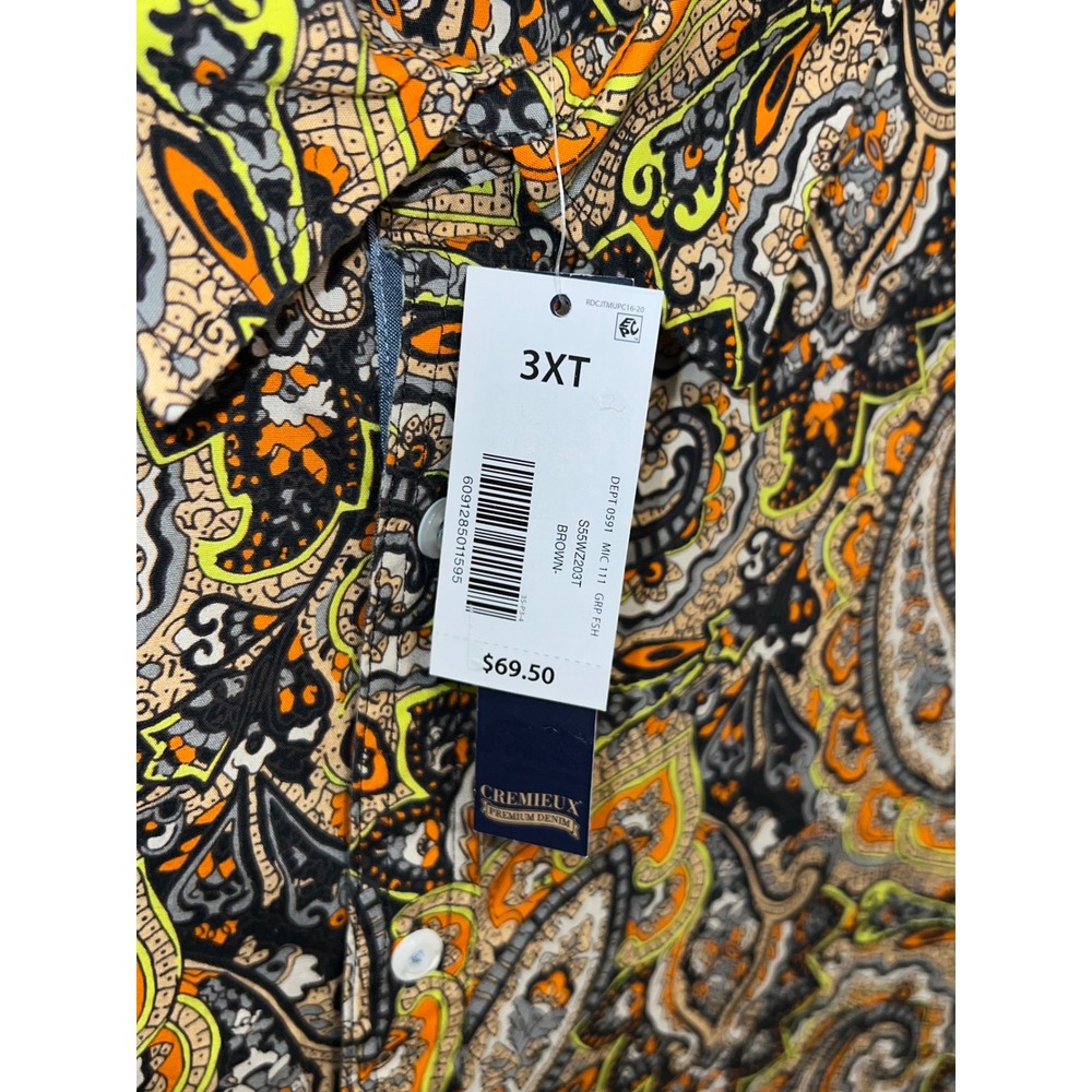 NEW Cremieux Premium Denim Mens 3XT Paisley Stretch Button Shirt Orange Black - Picture 3 of 5
